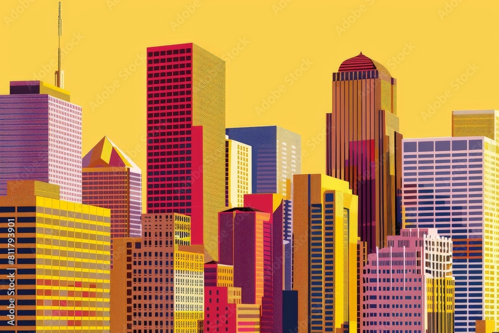 Skyscrapers, high-rise buildings colorful vector illustrations set. Beautiful simple AI generated image in 4K, unique.