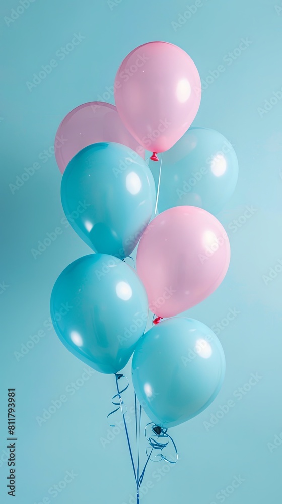 Celebratory pink and blue balloons floating on a light blue background Celebratory pink and blue balloons floating on a light blue background