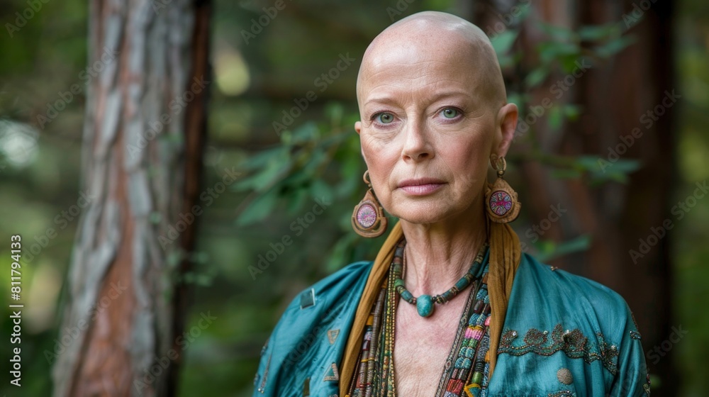Happy bald woman wearing in exotic esoteric clothing. Outdoors portrait Happy bald woman wearing in exotic esoteric clothing. Outdoors portrait