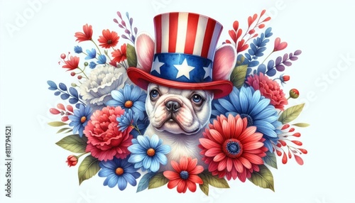 French Bulldog 4th July Watercolor Animal Patriotic with American Flag Memorial Day Clip Art Celebration USA (United State) Art Cute Cartoon For Independence Day