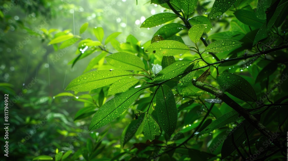 Fresh Raindrops Clinging to Vibrant Green Leaves in Forest. Fresh Raindrops Clinging to Vibrant Green Leaves in Forest.