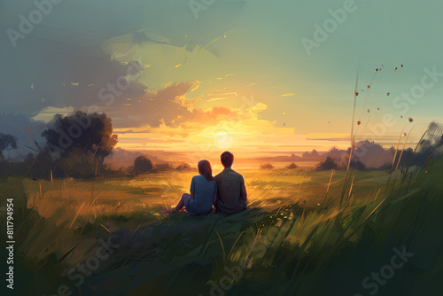 a couple sitting in a field watching the sunset,ai