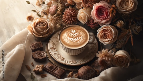 A romantic image of a cup of Latte art coffee with chocolate and flowers photo