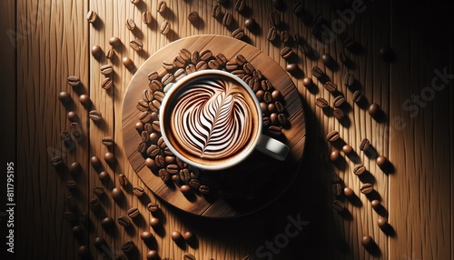 Image of a cup of Zebra latte art coffee photo