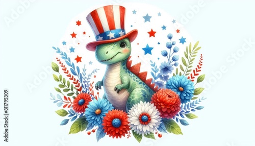 Dinosaur 4th July Watercolor Celebration USA (United State) Art Cute Cartoon For Independence Day Memorial Day Clip Art Animal Patriotic with American Flag photo