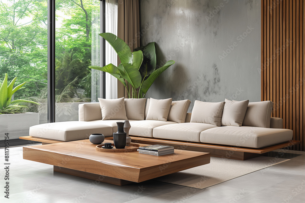 Minimalist modern living room interior design with floor and french