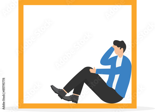 Businessman trapped inside uncomfortable small box, Claustrophobia, Fear of closed spaces

