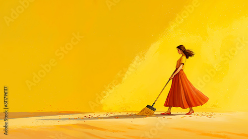 illustration d'une femme en train de passer le balais sur un fond jaune uni	
 photo