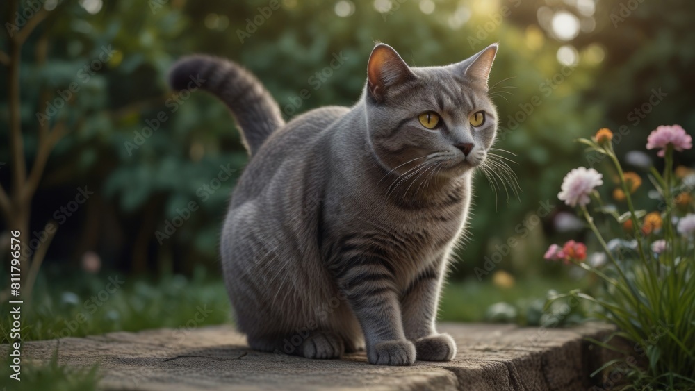 British Short Hair Cat Sitting on the Garden. Cute British Short Hair Cat blurry background. British Short Hair Cat Sitting on the Garden. Cute British Short Hair Cat blurry background.