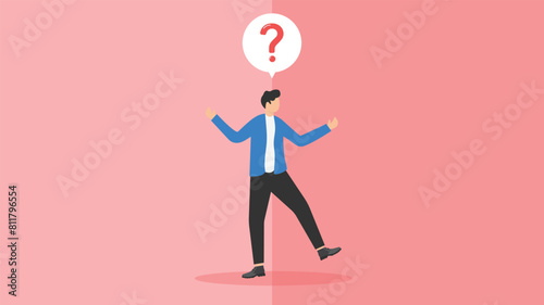 Make choice or decision concept, businessman makes a choice with pointing hands in different directions and mental question

