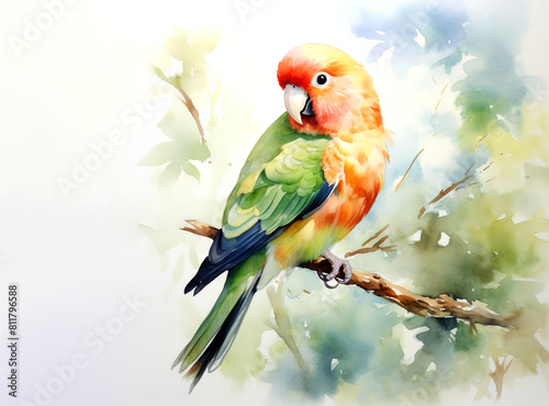 Watercolor painting of peach faced lovebird on a clean background. Bird. Animals. Illustration, Generative AI. photo