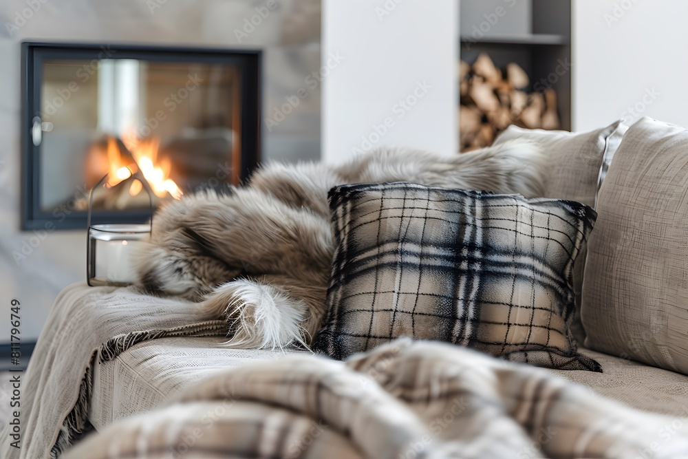 Beige sofa with plaid and fur cushion against of fireplace. Hygge, scandinavian interior design of modern living room. Beige sofa with plaid and fur cushion against of fireplace. Hygge, scandinavian interior design of modern living room.