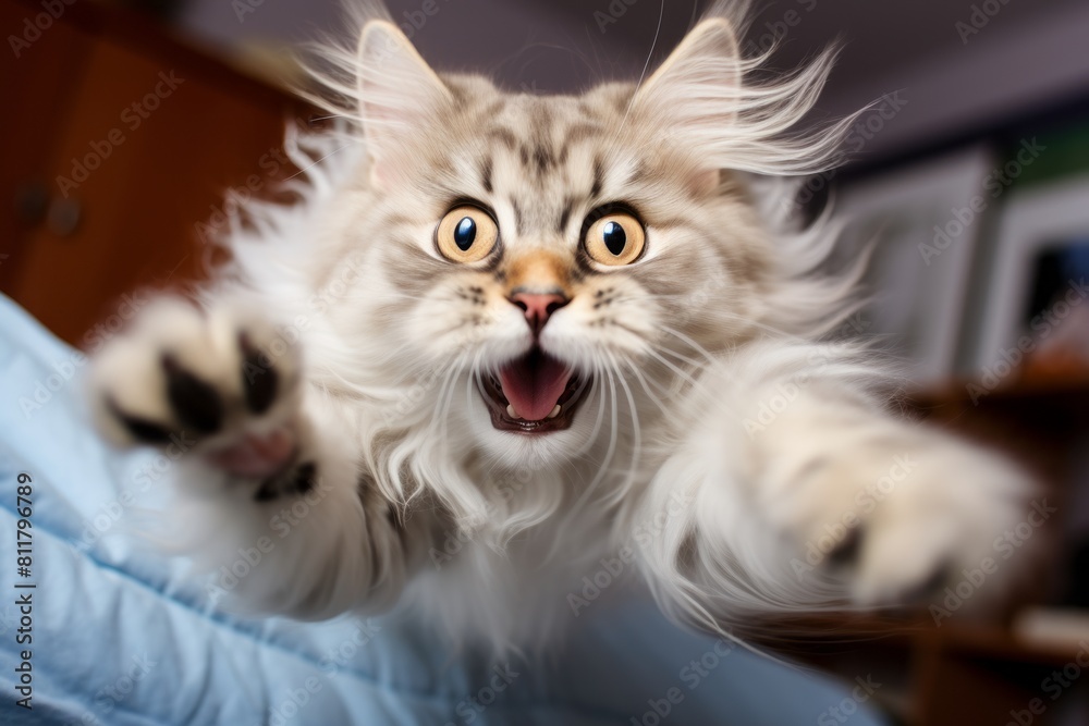 Close-up portrait photography of a funny neva masquerade cat leaping isolated in cozy blanket Close-up portrait photography of a funny neva masquerade cat leaping isolated in cozy blanket