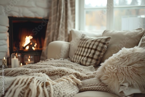 Beige sofa with plaid and fur cushion against of fireplace. Hygge, scandinavian interior design of modern living room.