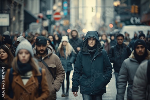 A man in a black hoodie walks through a crowded city street. AIG51A. © Summit Art Creations