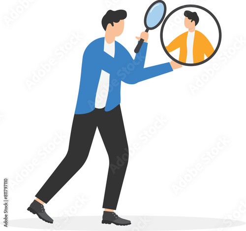 Searching for best employee concept, HR human resources find people to fill in job vacancy, recruitment, businessman with magnifying glass looking for best employee

