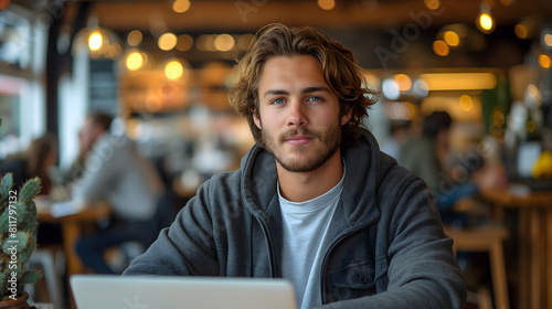 Young man working on laptop, IT programmer freelancer or student with computer in cafe at table looking in camera