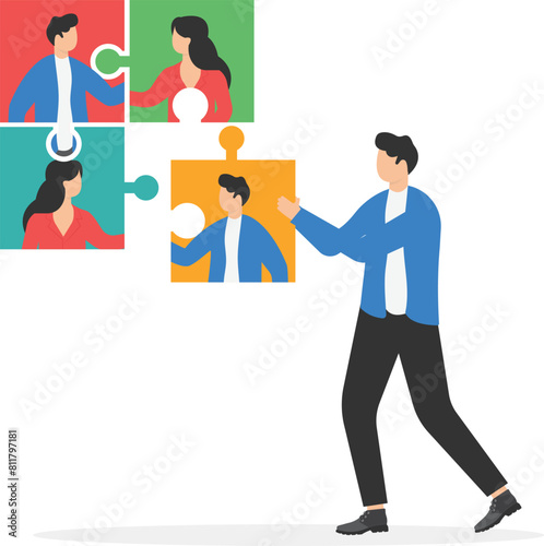 Effective team building and management concept, business team connect jigsaw puzzle with business partners, company staff coordination and teamwork productivity

