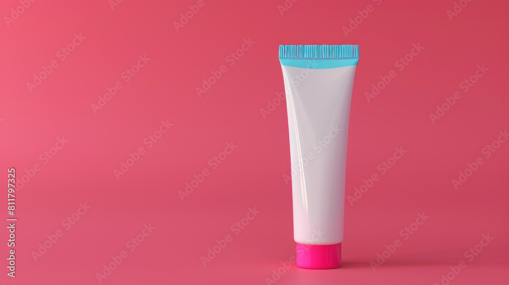 Single pink-capped toothpaste tube against a vibrant pink backdrop. Single pink-capped toothpaste tube against a vibrant pink backdrop.