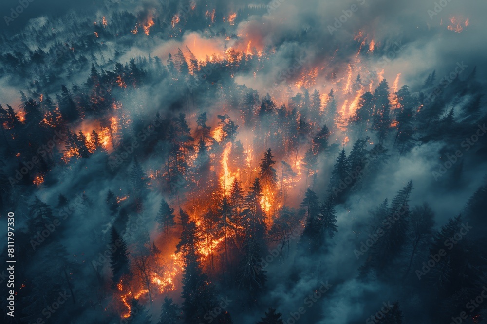 An aerial perspective on a dense forest fire shrouded in smoke under a murky sky, evoking a powerful sense of urgency