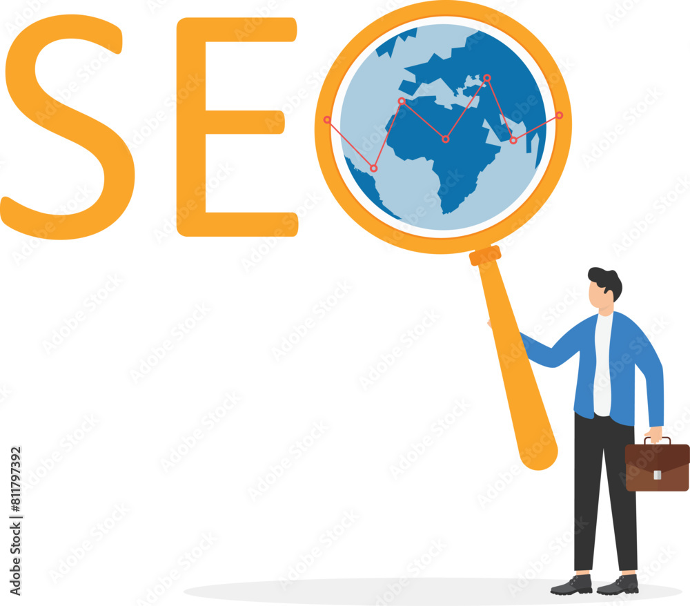Concept of SEO, search engine optimization Ranking, businessman with magnifying glass analyzes data, adjusts search results, raises rating, increases traffic
Concept of SEO, search engine optimization Ranking, businessman with magnifying glass analyzes data, adjusts search results, raises rating, increases traffic