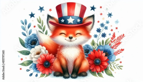 Fox 4th July Watercolor Celebration USA  United State  Art Cute Cartoon For Independence Day Memorial Day Clip Art Animal Patriotic with American Flag