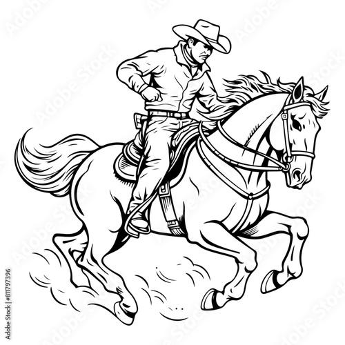 Dynamic illustration of a cowboy riding a galloping horse, depicted in a classic black and white style.