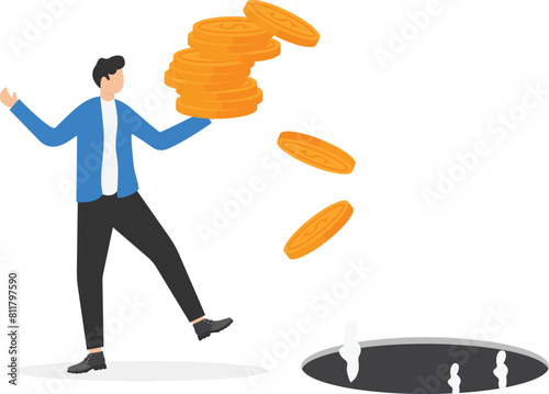 Blind investment concept, businessman carrying money stacks walk to business trap
