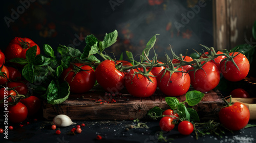 Ripe tomatoes on a rustic board, conveying the freshness of a kitchen garden.