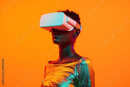 Black woman wearing white VR headset being shot against a vibrant background. Futurism. Engagement in a virtual world. Virtual reality. Pastel gradient lighting in the studio. Technologies. Metaverse