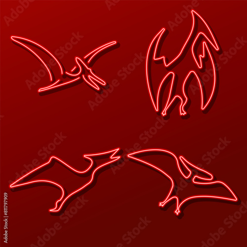 pterodactyl neon sign, modern glowing banner design, colorful modern design trend. Vector illustration.