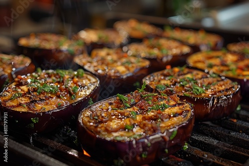 Juicy eggplants with herbs grilling on a barbeque grill, smoke rising up