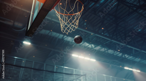 A basketball suspended mid-air on its journey to the hoop in an atmospheric  dimly-lit gym.