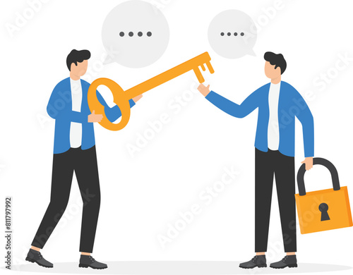 Two businessman think of business problem solution, unlock solve strategy or idea. Find answer. Vector illustration

