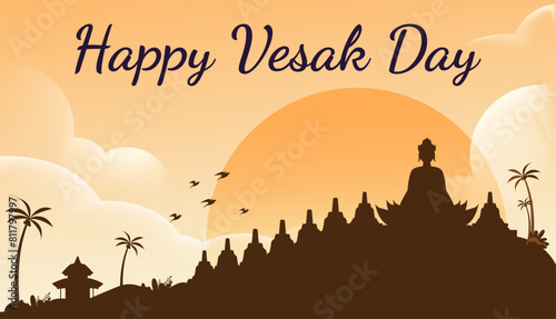 Vesak Day Creative Concept for Card or Banner. Vesak Day is a holy day for Buddhists. Happy Buddha Day with Siddhartha Gautama Statue Design Vector Illustration