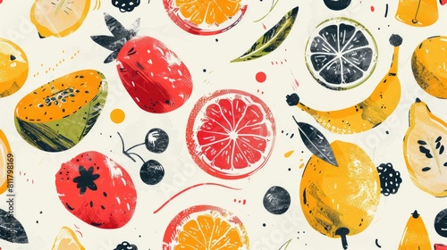 Product featuring a seamless pattern of fruits and berries  including oranges and citrus on a white background. Perfect for creative arts or incorporating into design projects AIG50