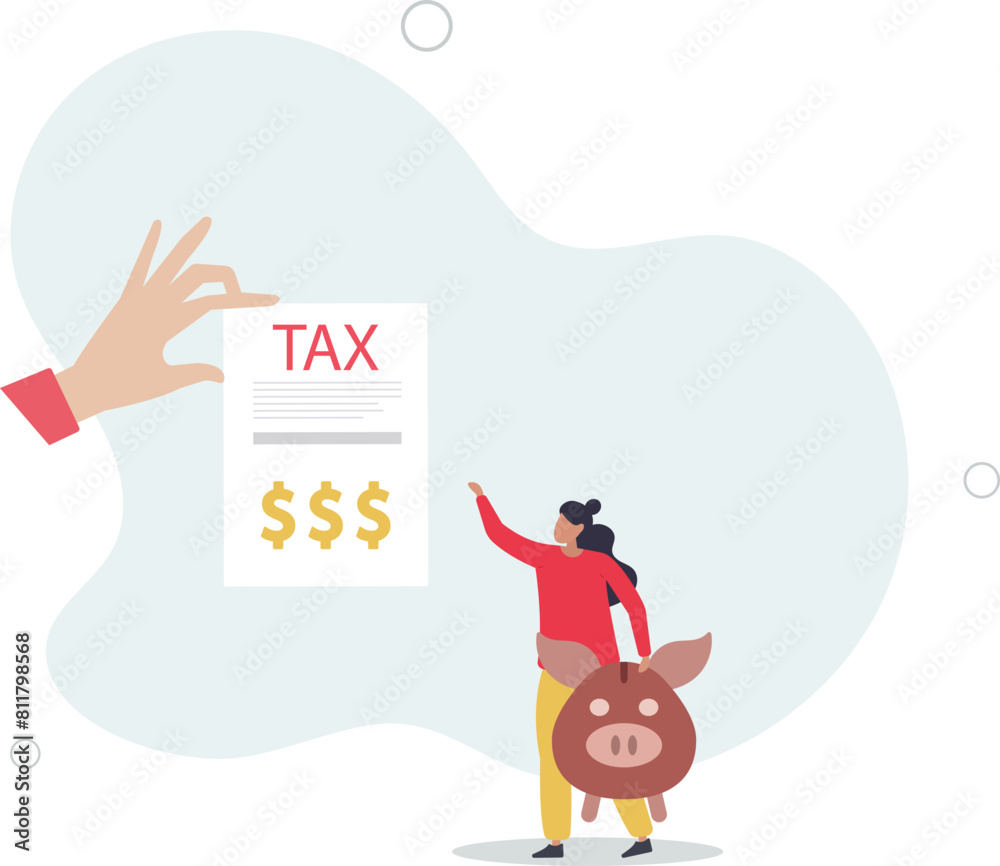Fototapeta premium businesswoman holding saving piggybank looking at tax bills.flat vector illustration.