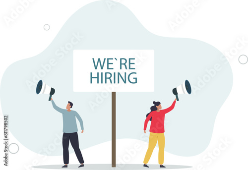 business people HR with megaphone holding we are hiring sign.flat vector illustration.
