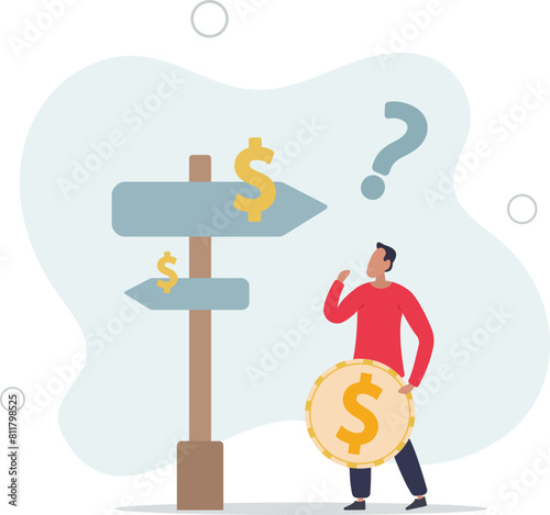 confused businessman investor hold money coin choose dollar direction signs.flat vector illustration.