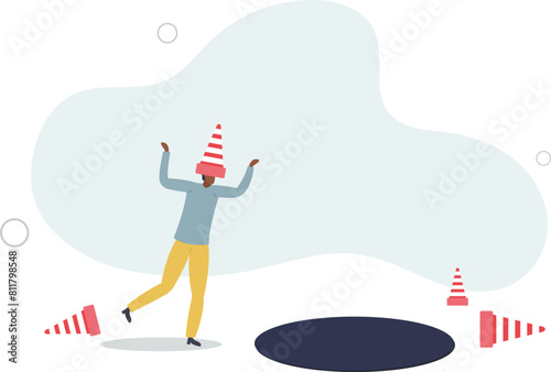 blindfold businessman cover with pylon walking to fall into the hole or business trap.flat vector illustration.