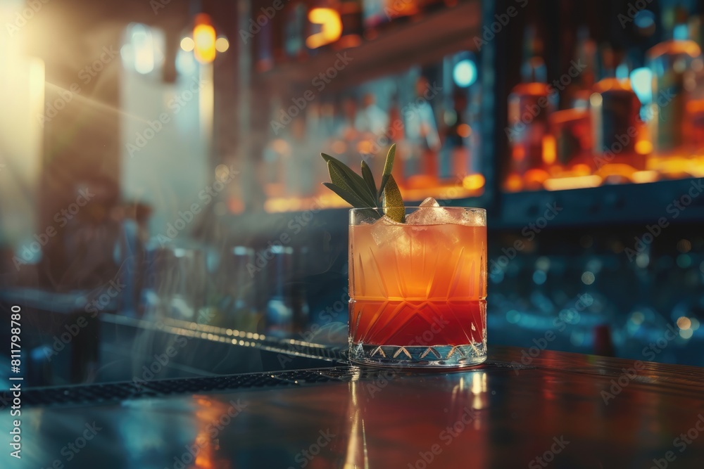 The image shows a row of colorful fruit cocktails lined up on a brightly lit bar. The bar appears to be made of a light colored wood, Behind the cocktails is a vertical row of liquor bottles. AIG42.