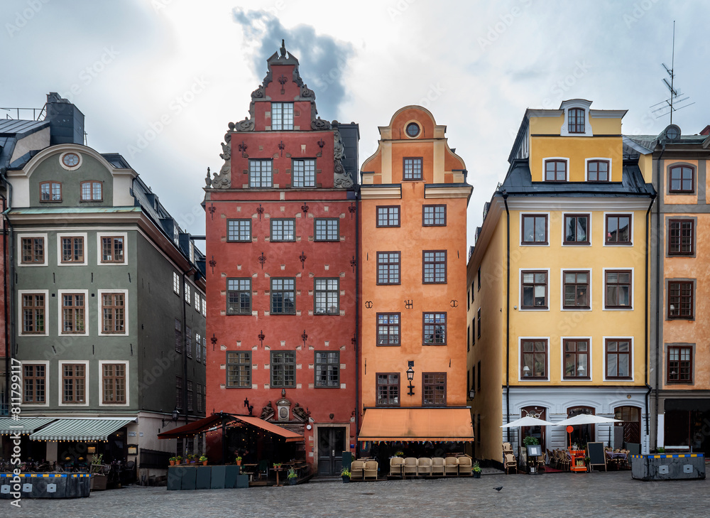 Fototapeta premium Stockholm. Stortorget (the Grand Square) is a public square in Gamla Stan, the old town in central Stockholm, Sweden. View with old houses.