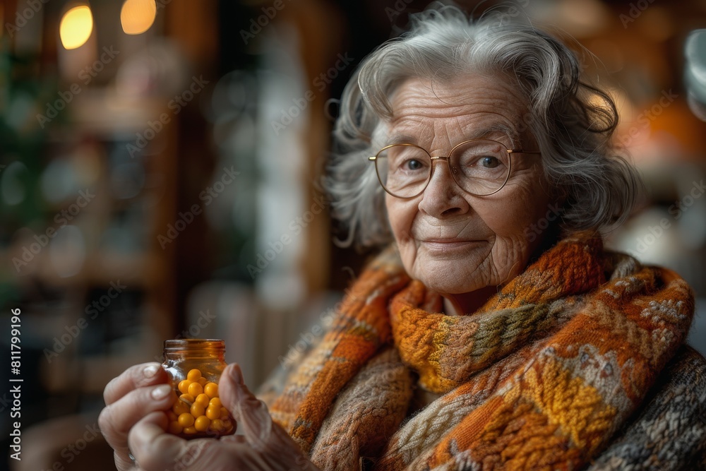 A dignified elder woman with a scarf shows a bottle of dietary vitamin supplements A dignified elder woman with a scarf shows a bottle of dietary vitamin supplements