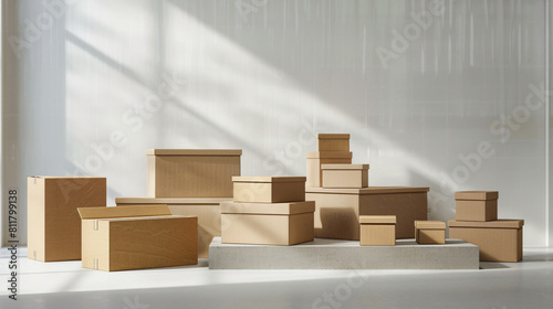 Various cardboard boxes storage on isolated white background