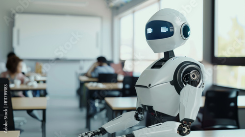 A humanoid robot sits attentively in a modern classroom, a glimpse of futuristic education.