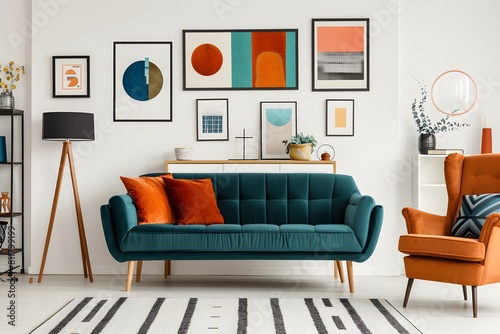 Teal sofa and terra cotta armchair against white wall with art posters. Scandinavian style home interior design of modern living room.