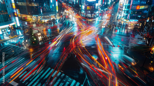 Vibrant high-speed time-lapse of a bustling city intersection at night