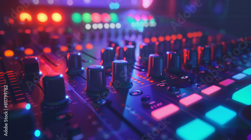 An intricate sound mixer board aglow with a kaleidoscope of vibrant controls and lights.