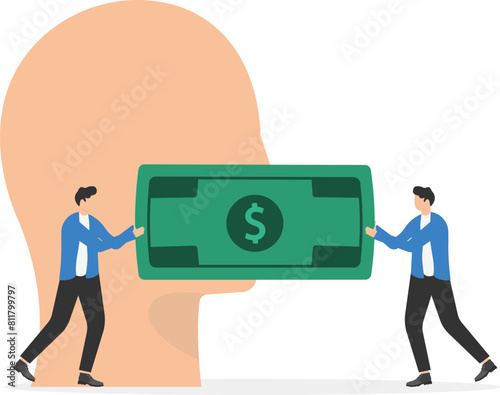 Businessperson with cash money dollar banknote covering the mouth of a businessman. Bribery concept. Vector illustration

