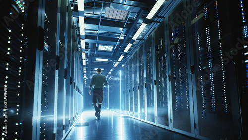Lone technician strides through a futuristic data center with rows of server racks gleaming.
